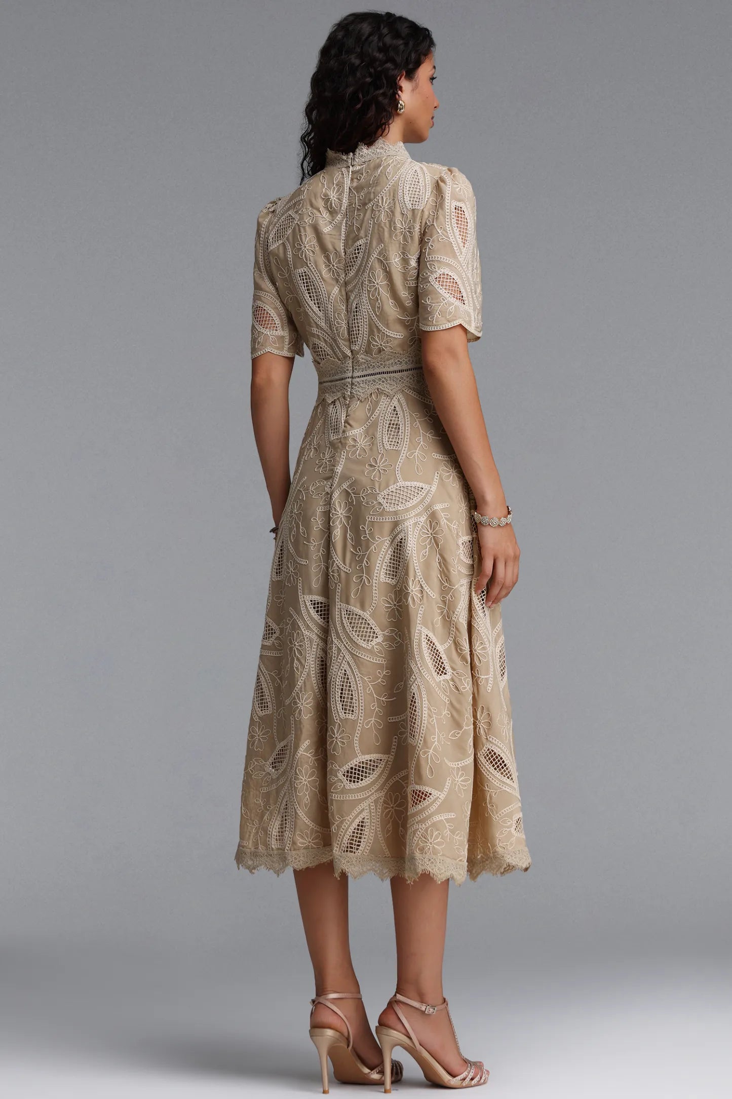 Embroidered Eyelet Lace Midi Dress - Tan