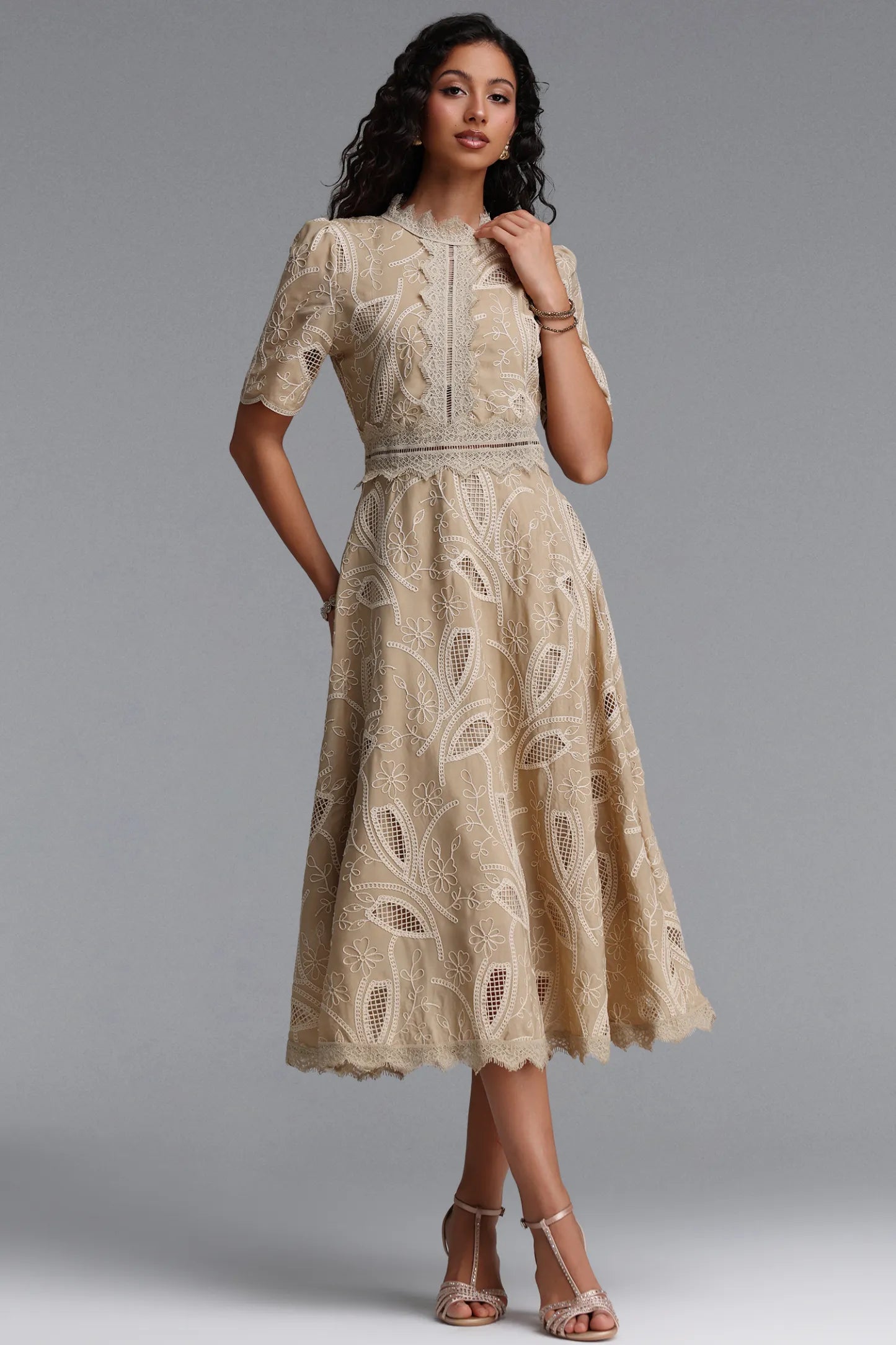 Embroidered Eyelet Lace Midi Dress - Tan