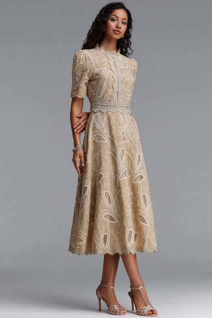Embroidered Eyelet Lace Midi Dress - Tan