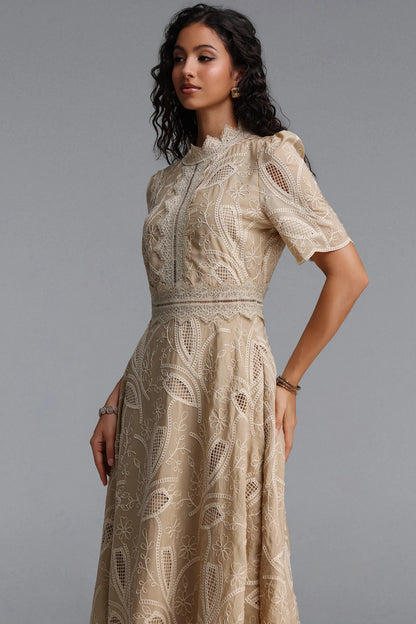 Embroidered Eyelet Lace Midi Dress - Tan
