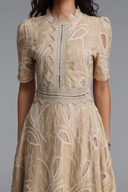 Embroidered Eyelet Lace Midi Dress - Tan