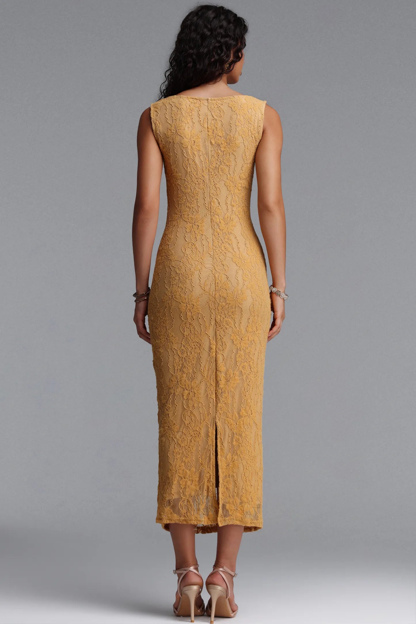 Floral Lace Bustier Midi Dress - Mustard Yellow