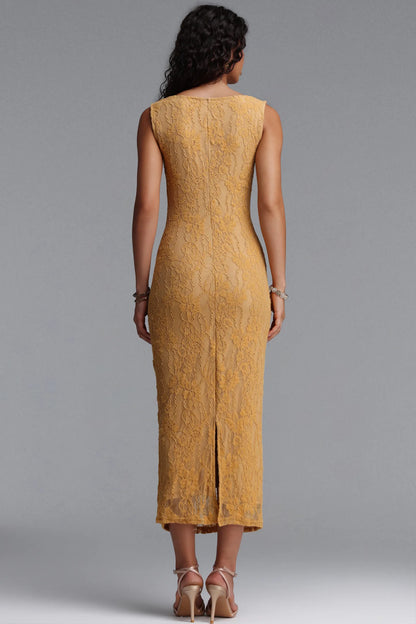 Floral Lace Bustier Midi Dress - Mustard Yellow
