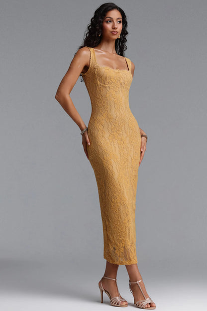 Floral Lace Bustier Midi Dress - Mustard Yellow