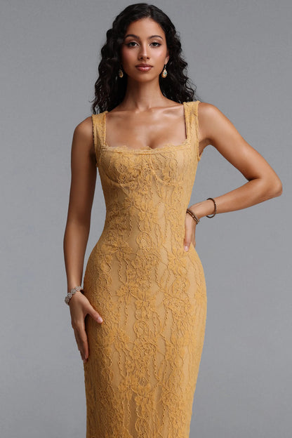Floral Lace Bustier Midi Dress - Mustard Yellow