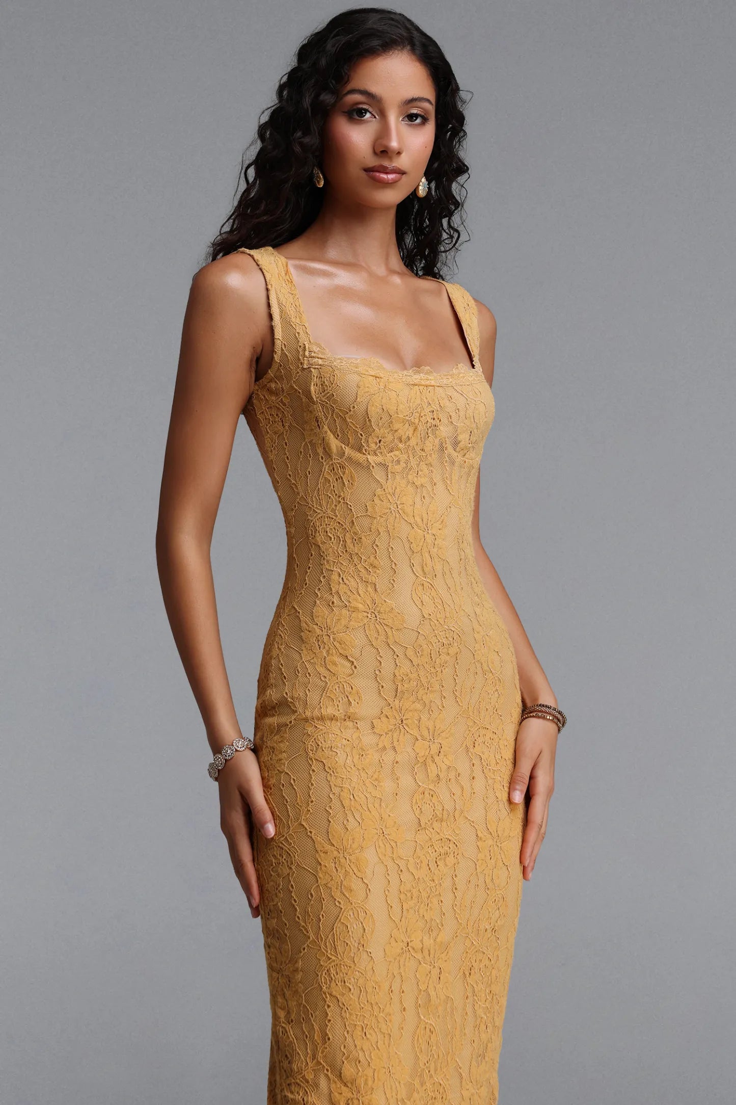 Floral Lace Bustier Midi Dress - Mustard Yellow