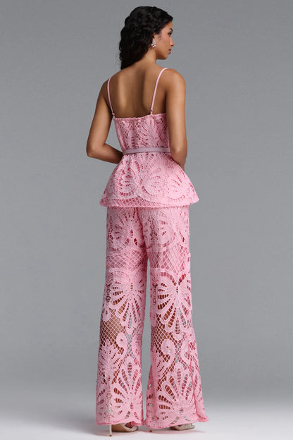 Guipure Lace Peplum Top & Wide-Leg Pant Set - Pink
