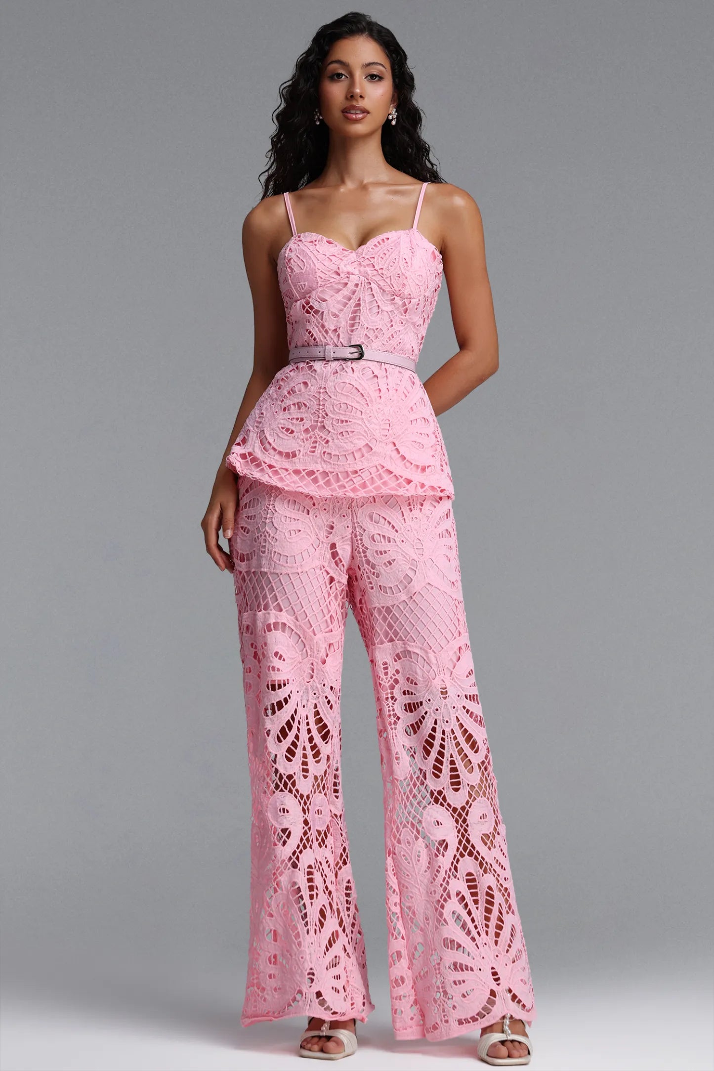 Guipure Lace Peplum Top & Wide-Leg Pant Set - Pink