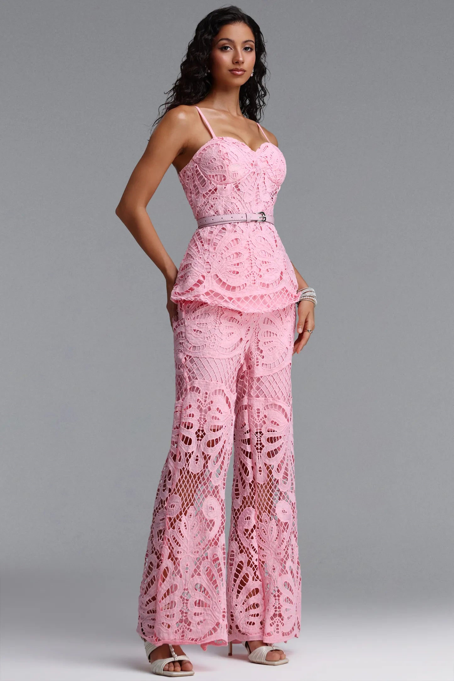 Guipure Lace Peplum Top & Wide-Leg Pant Set - Pink