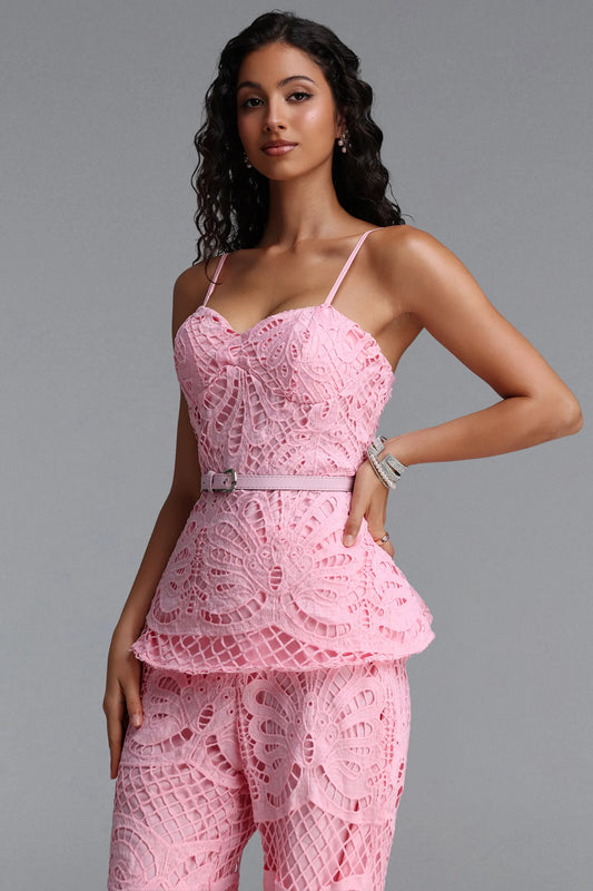 Guipure Lace Peplum Top & Wide-Leg Pant Set - Pink