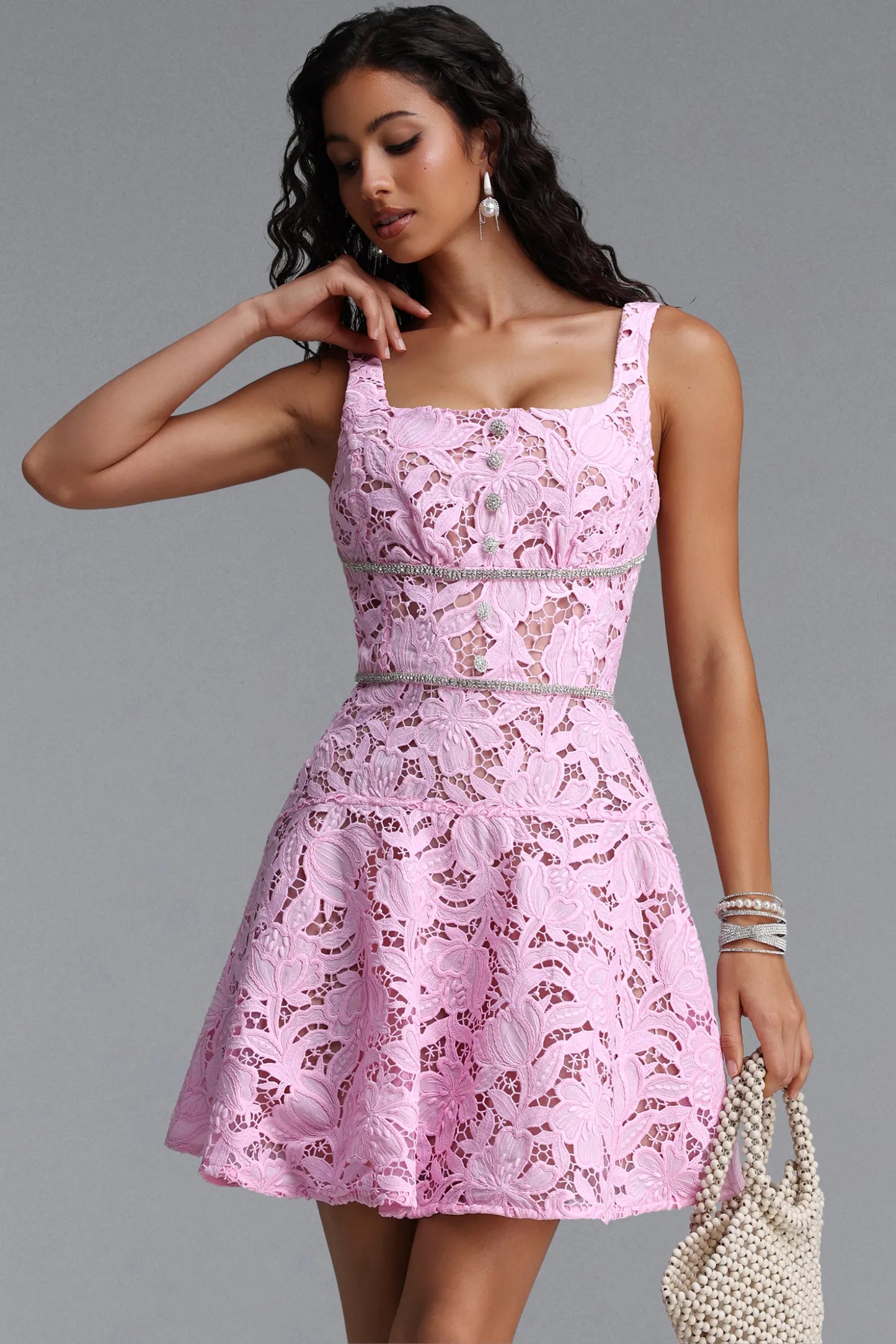Crystal-Trimmed Floral Lace Mini Dress - Pink