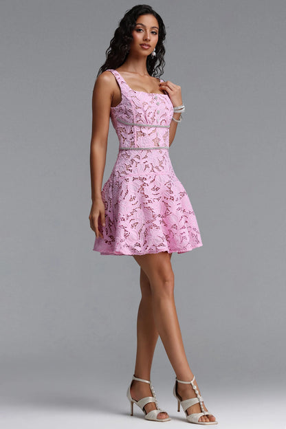 Crystal-Trimmed Floral Lace Mini Dress - Pink
