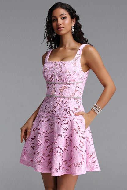 Crystal-Trimmed Floral Lace Mini Dress - Pink