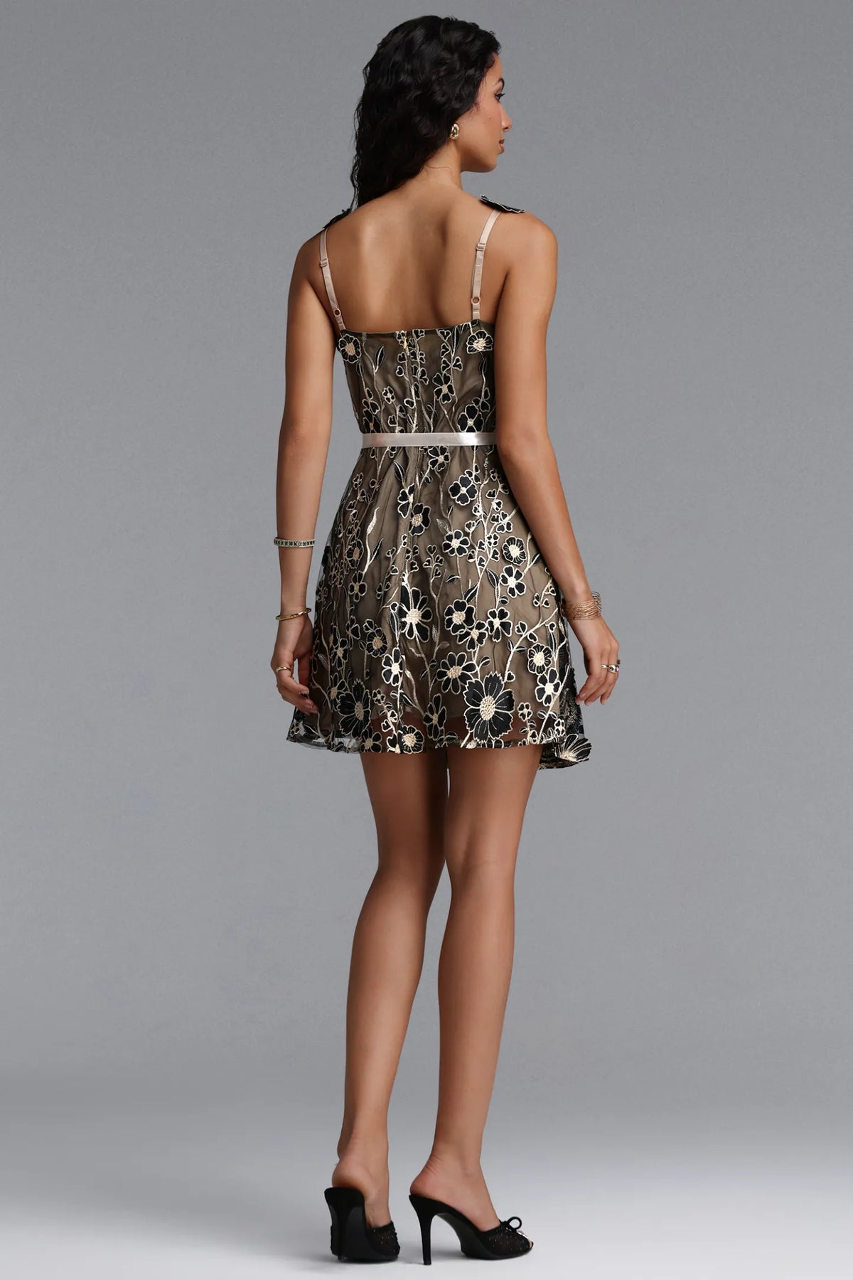 Embroidered Floral Ribbon-Tie Mini Dress - Black & Nude