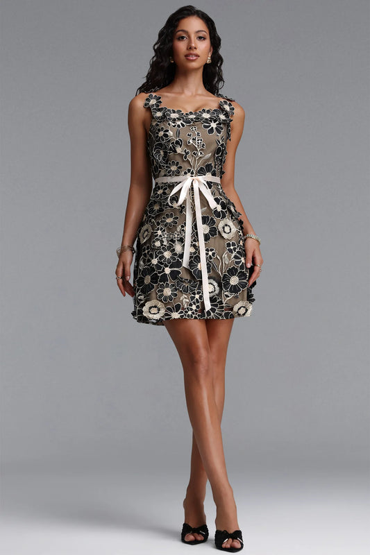 Embroidered Floral Ribbon-Tie Mini Dress - Black & Nude