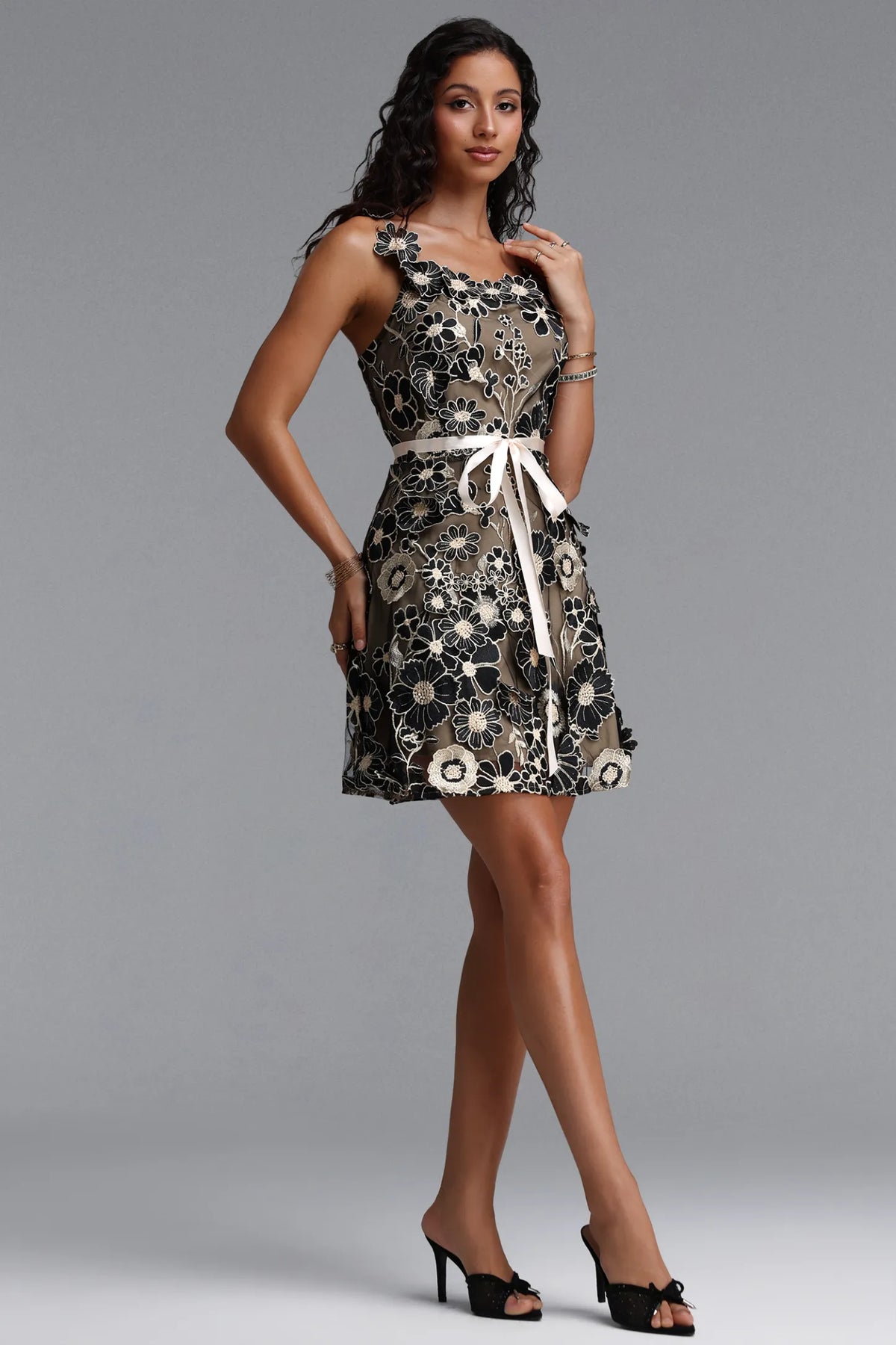 Embroidered Floral Ribbon-Tie Mini Dress - Black & Nude