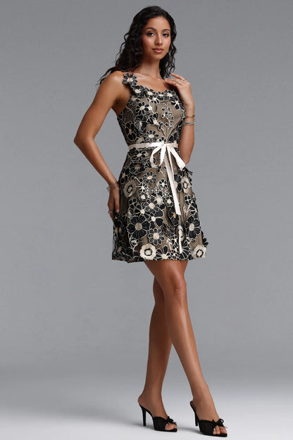 Embroidered Floral Ribbon-Tie Mini Dress - Black & Nude