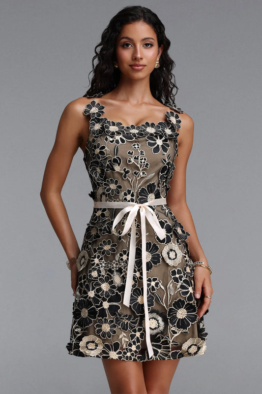 Embroidered Floral Ribbon-Tie Mini Dress - Black & Nude
