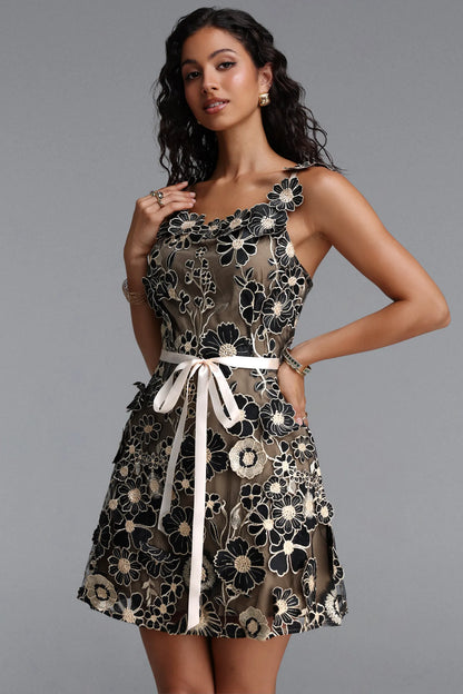 Embroidered Floral Ribbon-Tie Mini Dress - Black & Nude