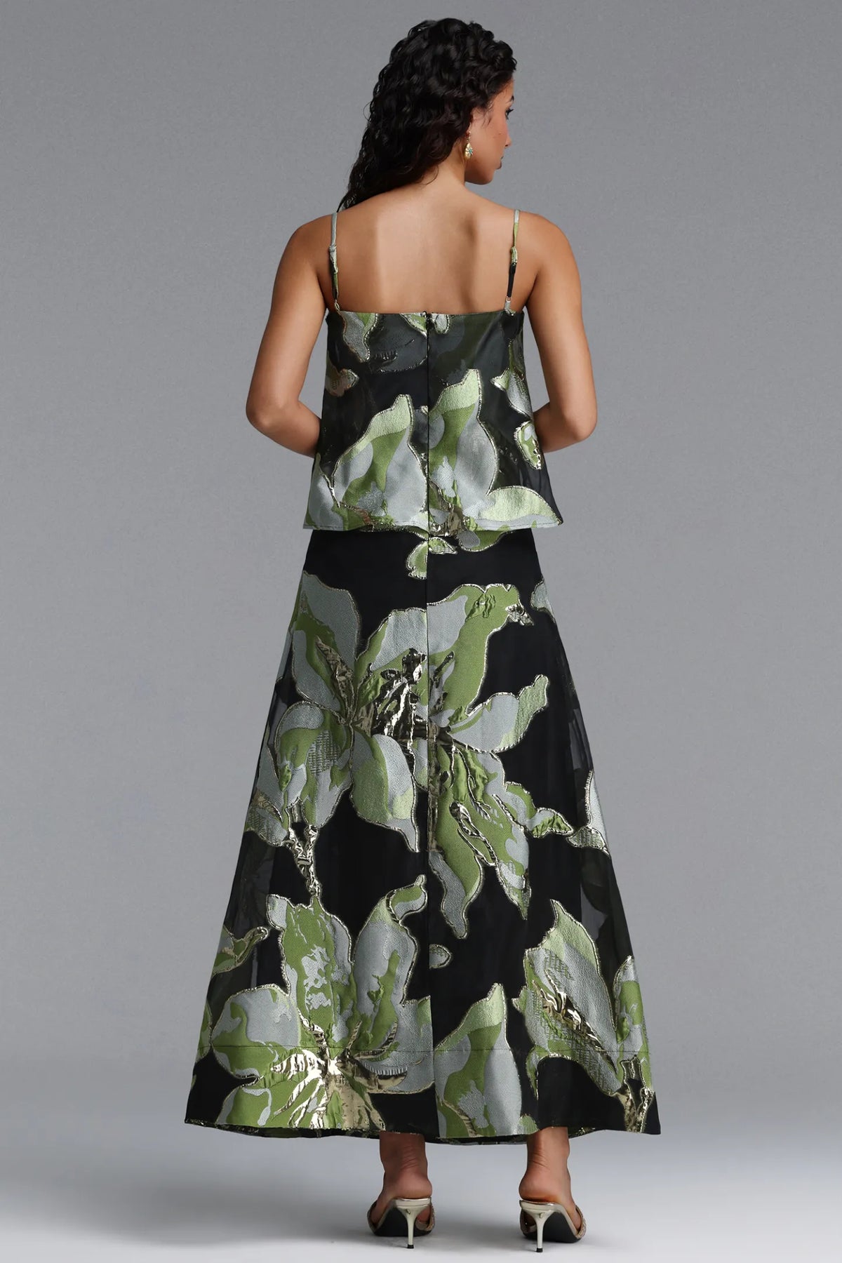 Metallic Floral Jacquard Popover Maxi Dress - Black & Green