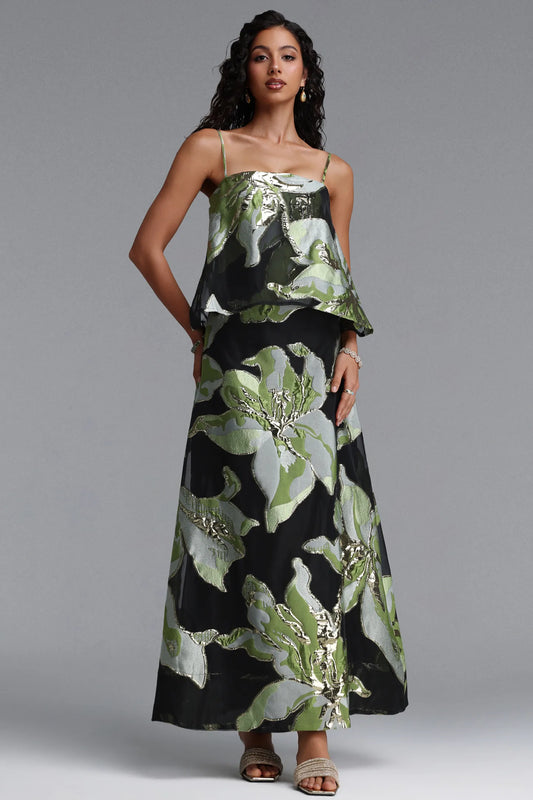 Metallic Floral Jacquard Popover Maxi Dress - Black & Green
