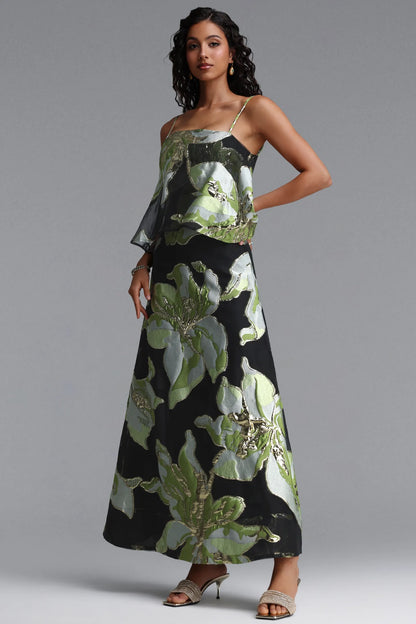 Metallic Floral Jacquard Popover Maxi Dress - Black & Green