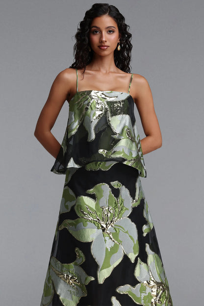 Metallic Floral Jacquard Popover Maxi Dress - Black & Green