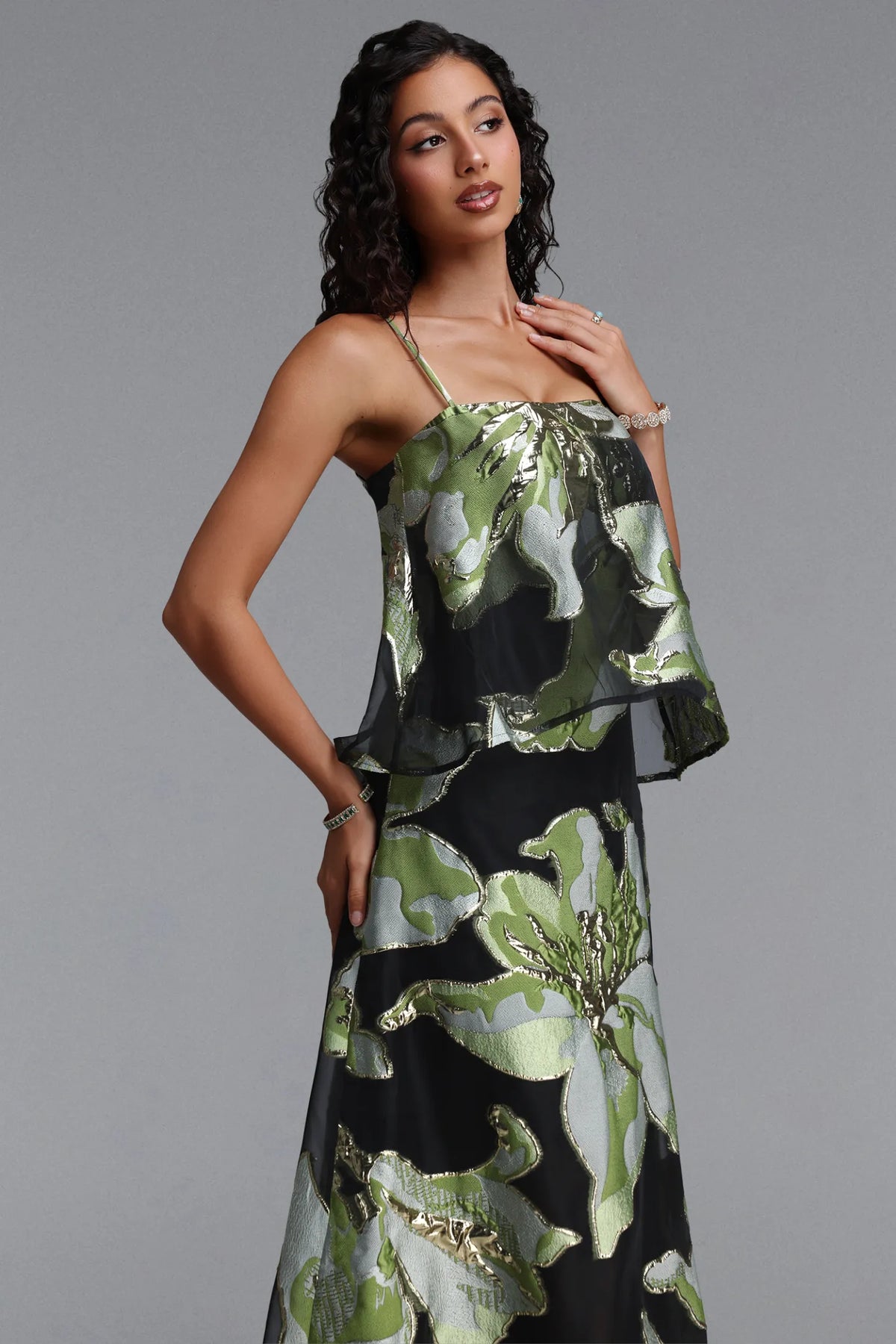 Metallic Floral Jacquard Popover Maxi Dress - Black & Green