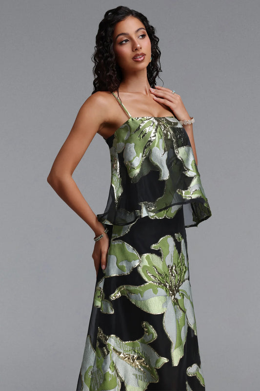 Metallic Floral Jacquard Popover Maxi Dress - Black & Green