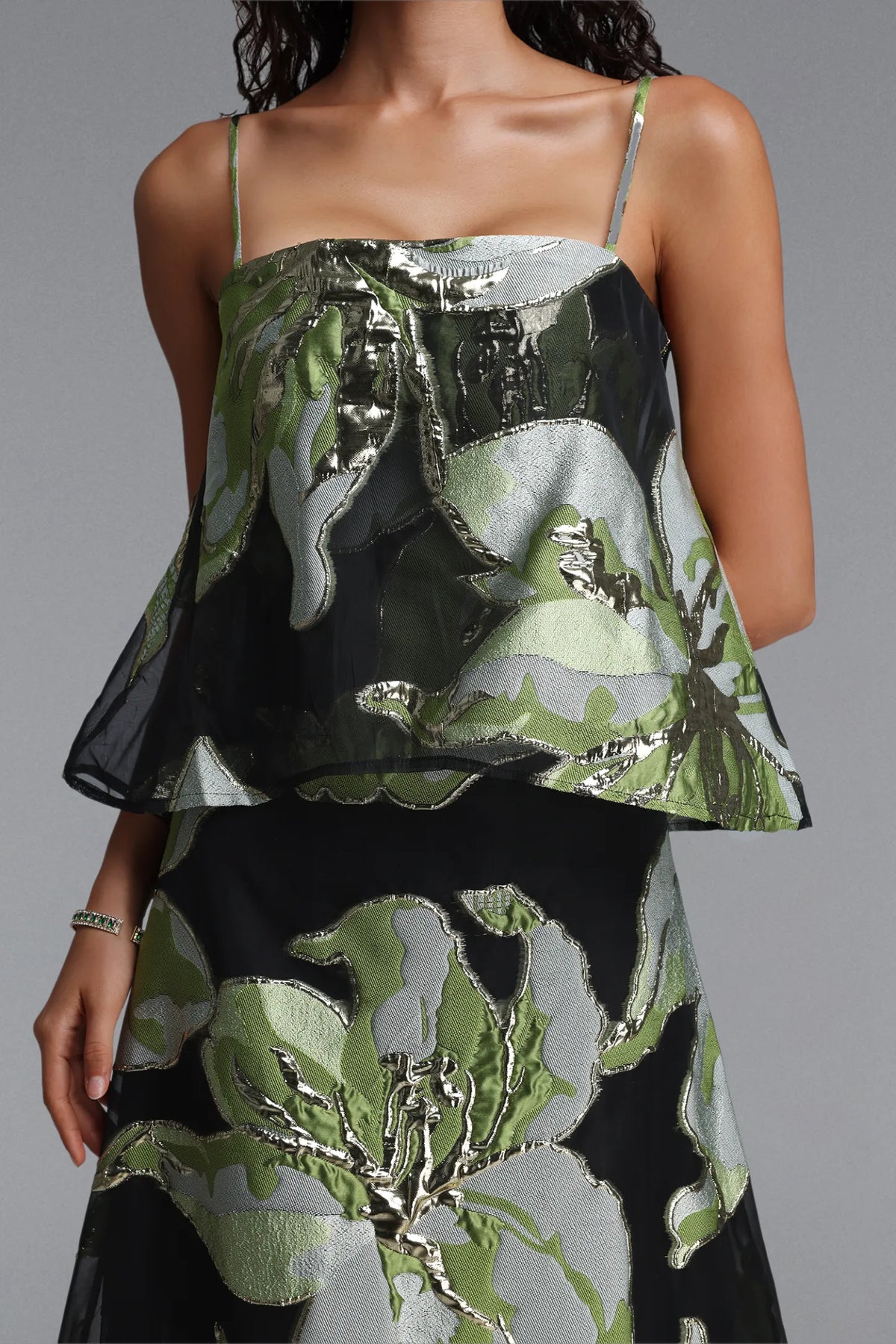 Metallic Floral Jacquard Popover Maxi Dress - Black & Green