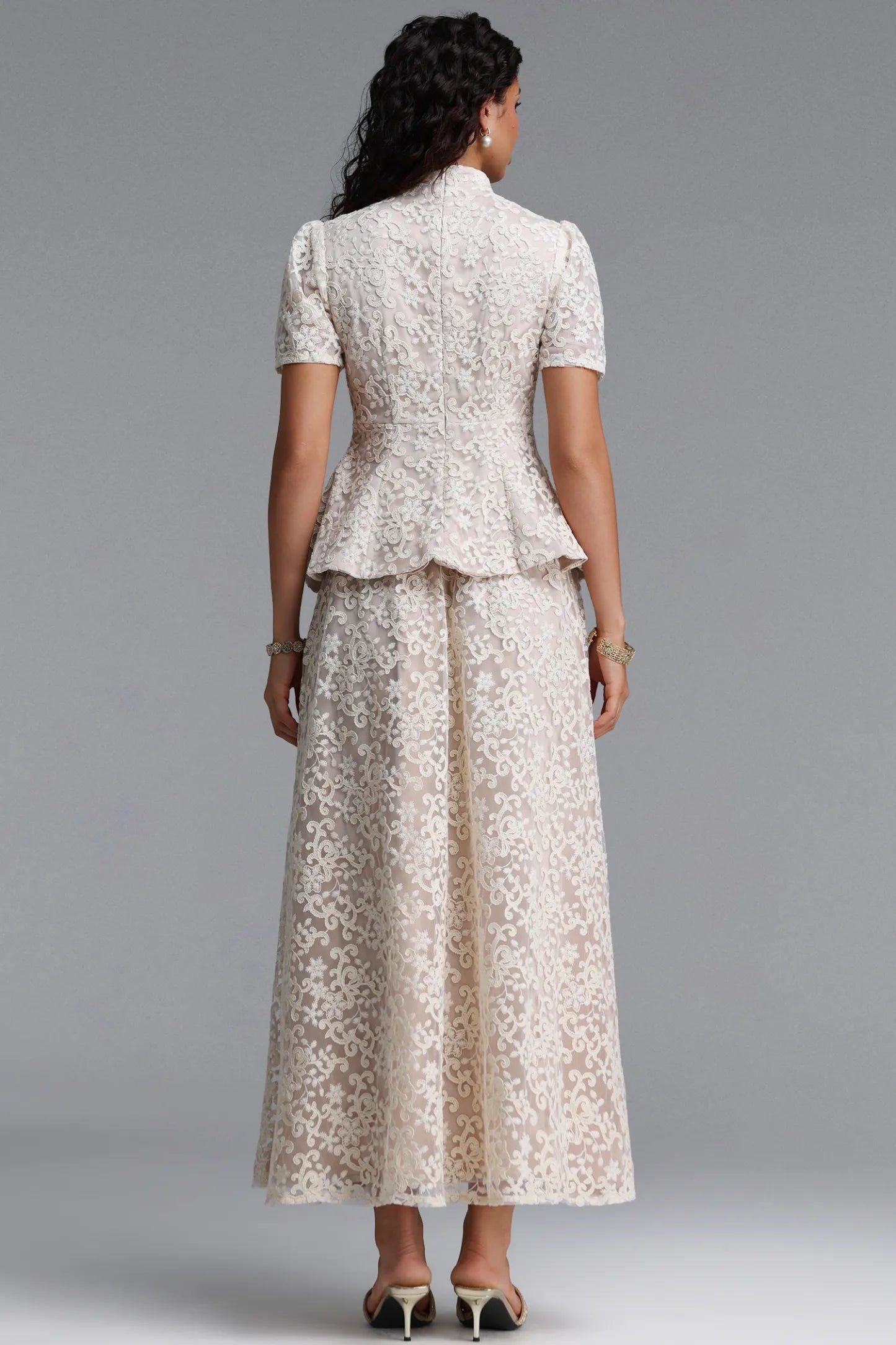 Vintage-Inspired Lace Peplum Maxi Dress - Ivory