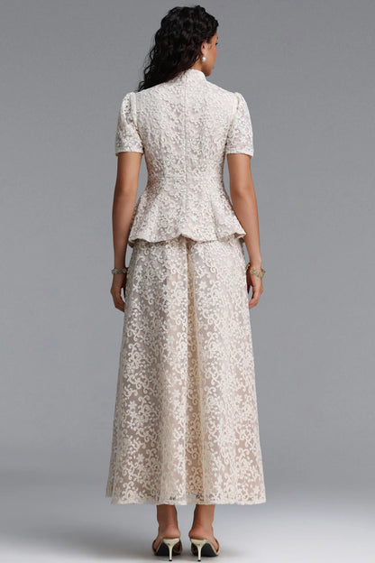 Vintage-Inspired Lace Peplum Maxi Dress - Ivory