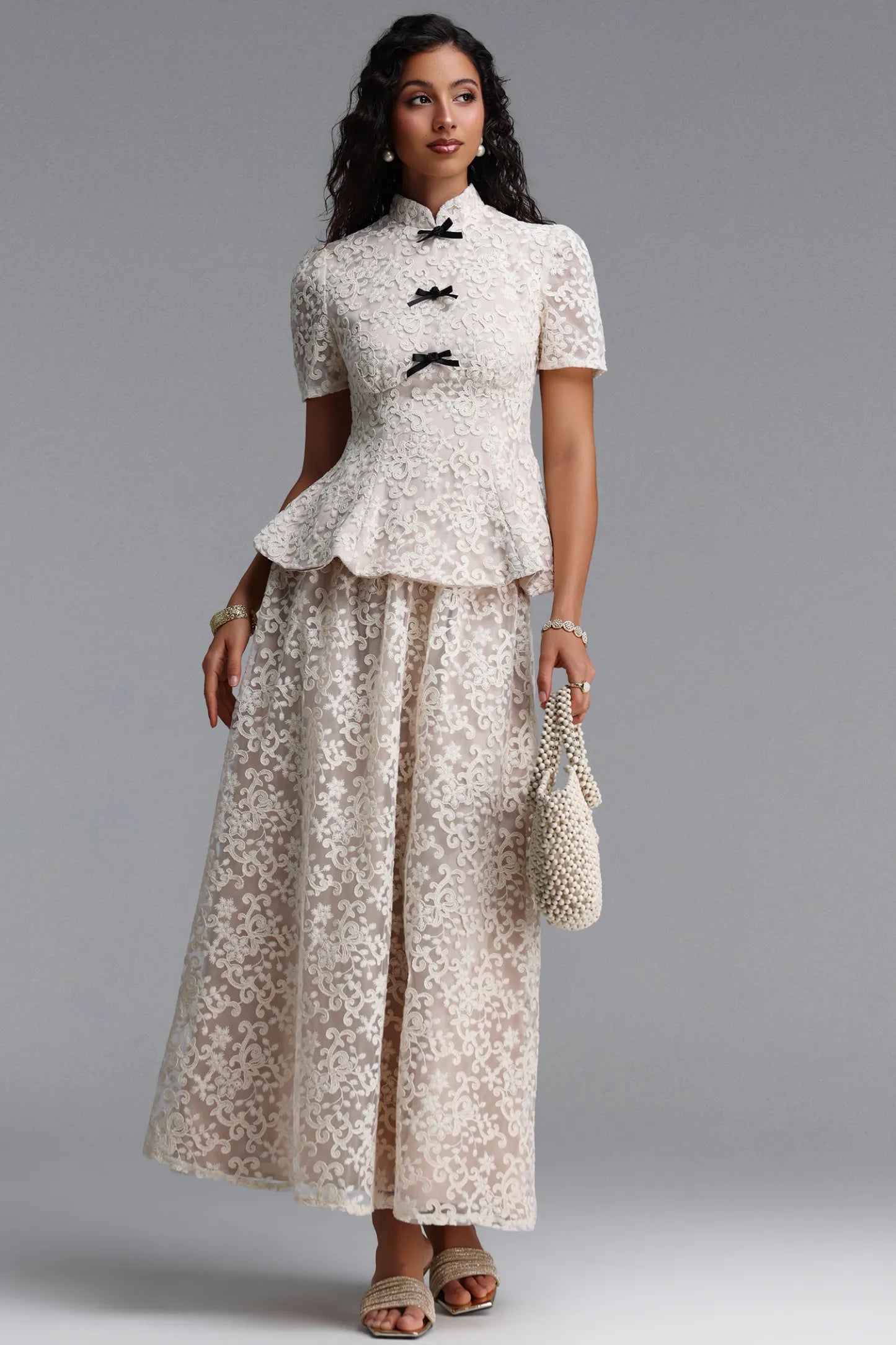 Vintage-Inspired Lace Peplum Maxi Dress - Ivory
