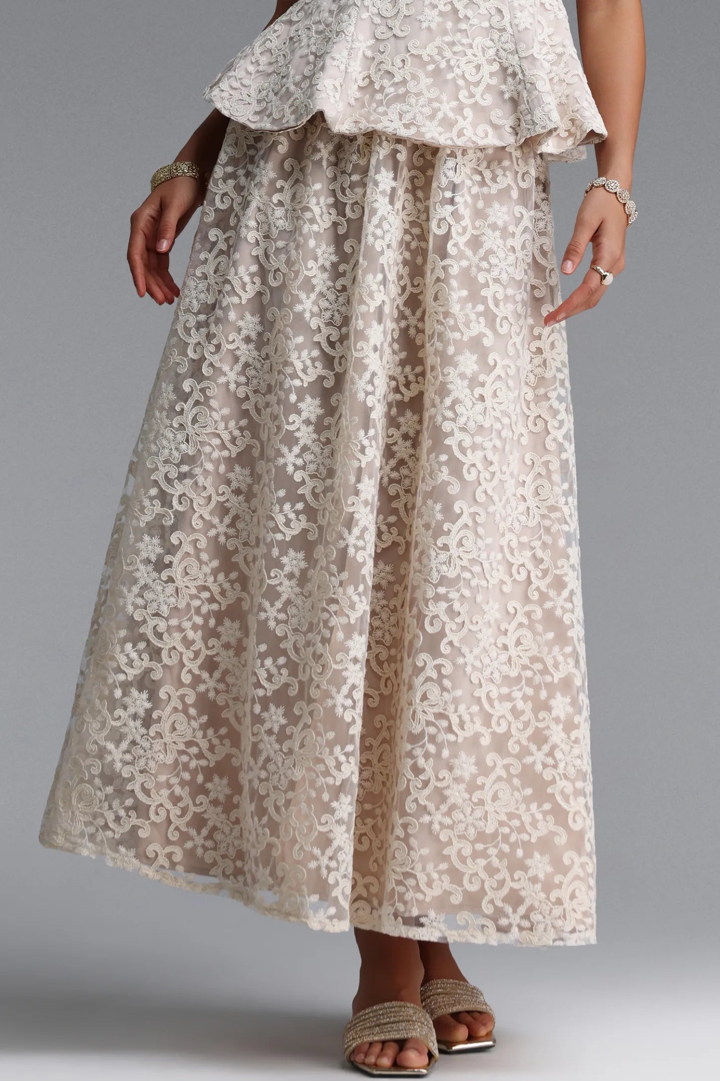Vintage-Inspired Lace Peplum Maxi Dress - Ivory