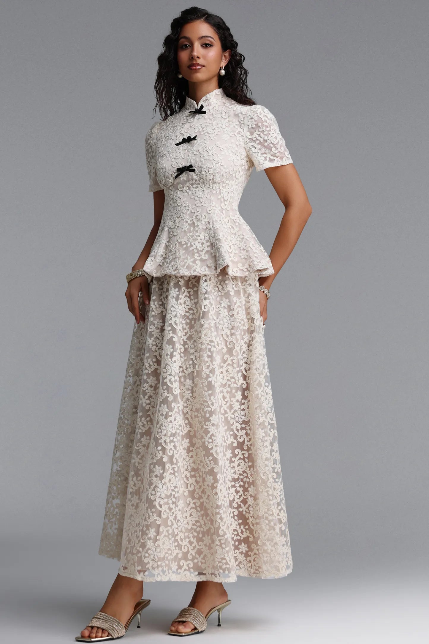 Vintage-Inspired Lace Peplum Maxi Dress - Ivory