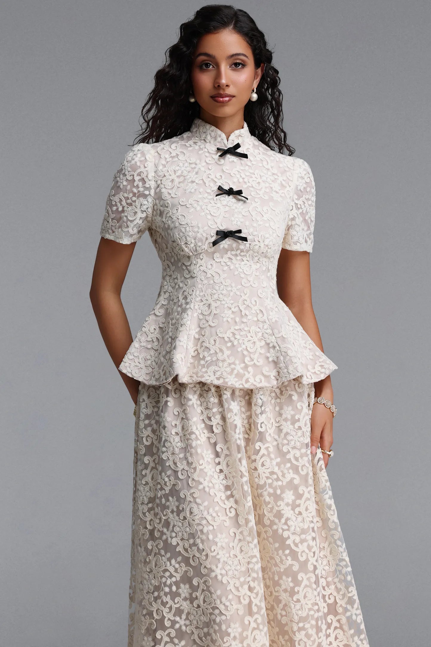 Vintage-Inspired Lace Peplum Maxi Dress - Ivory