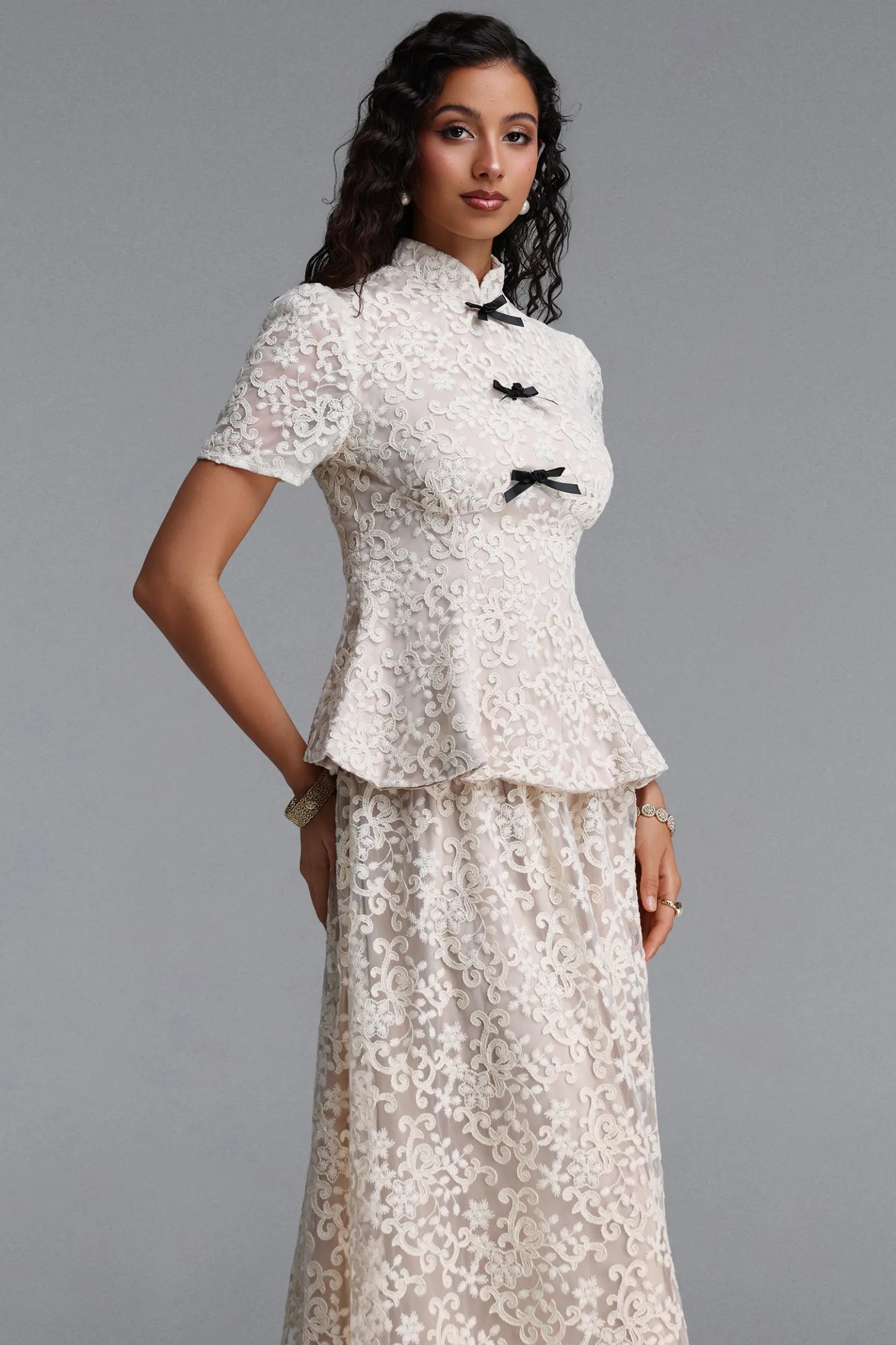 Vintage-Inspired Lace Peplum Maxi Dress - Ivory