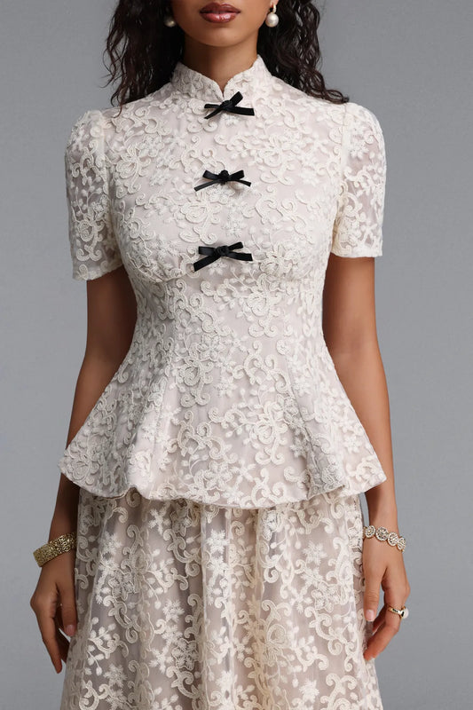 Vintage-Inspired Lace Peplum Maxi Dress - Ivory