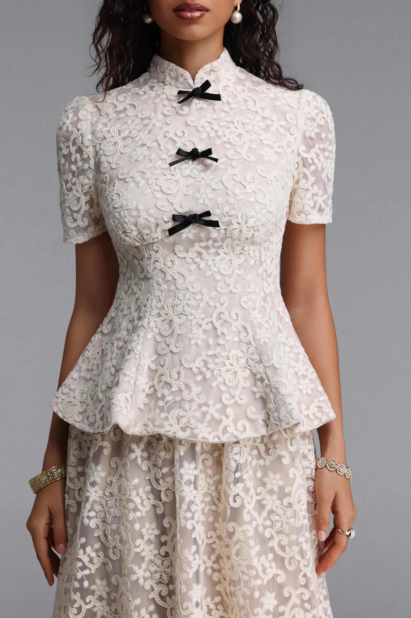 Vintage-Inspired Lace Peplum Maxi Dress - Ivory