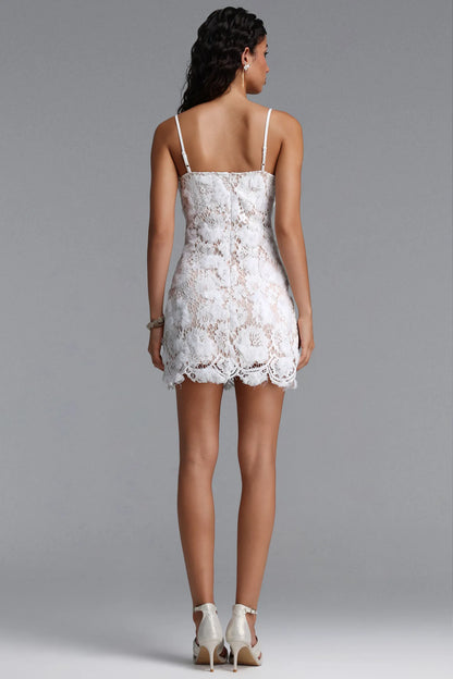 Oversized Bow Floral Lace Mini Dress - White