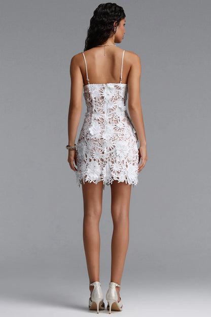 3D Floral Lace Appliqué Mini Dress - White
