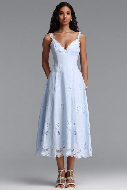 Scalloped Eyelet Lace A-Line Dress - Soft Blue