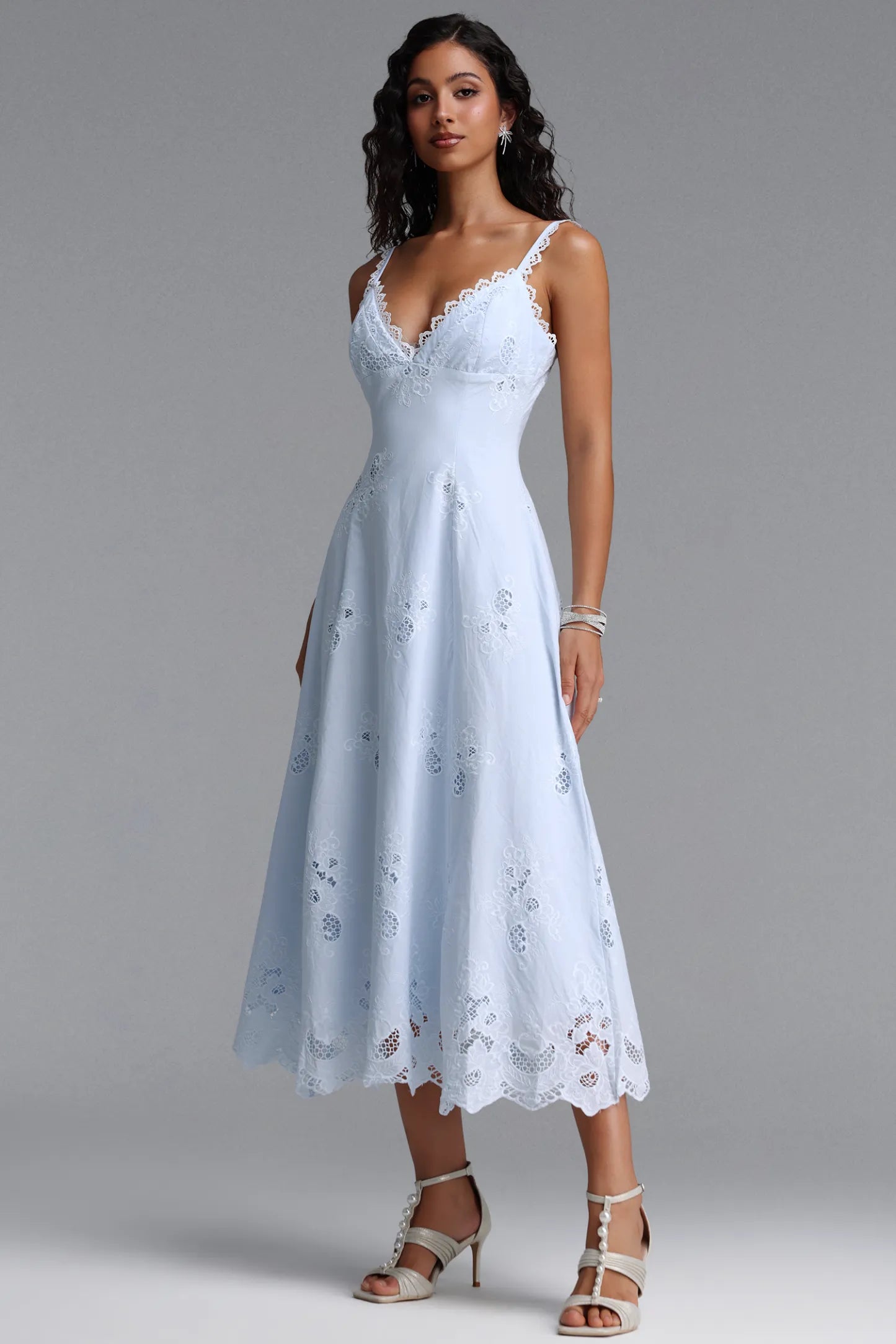 Scalloped Eyelet Lace A-Line Dress - Soft Blue