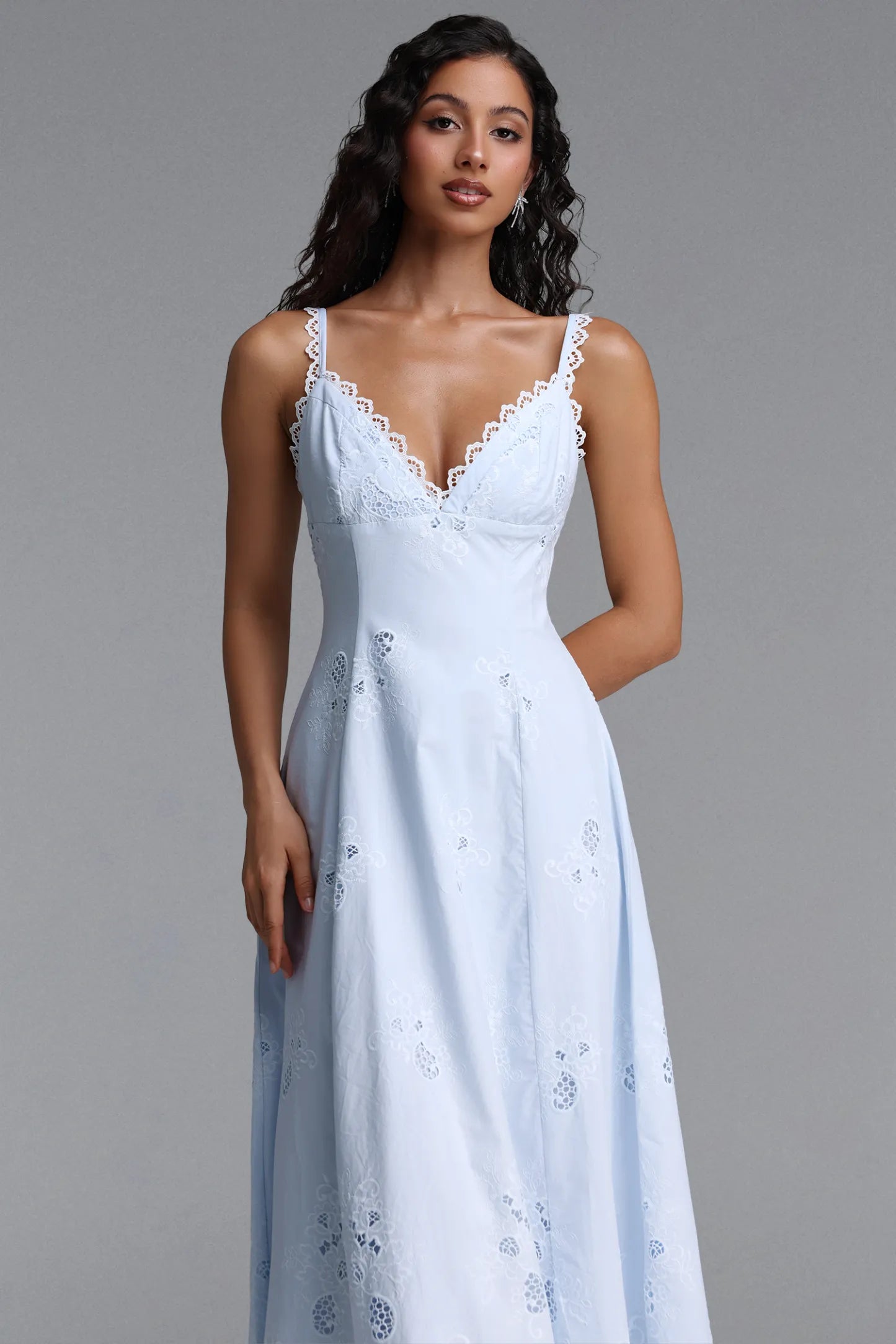 Scalloped Eyelet Lace A-Line Dress - Soft Blue