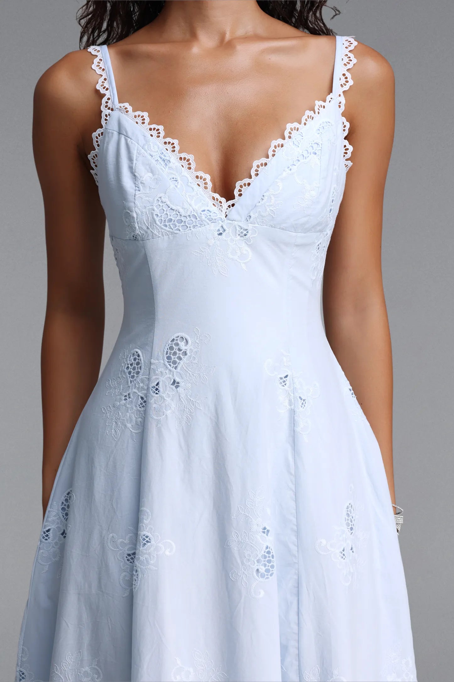 Scalloped Eyelet Lace A-Line Dress - Soft Blue