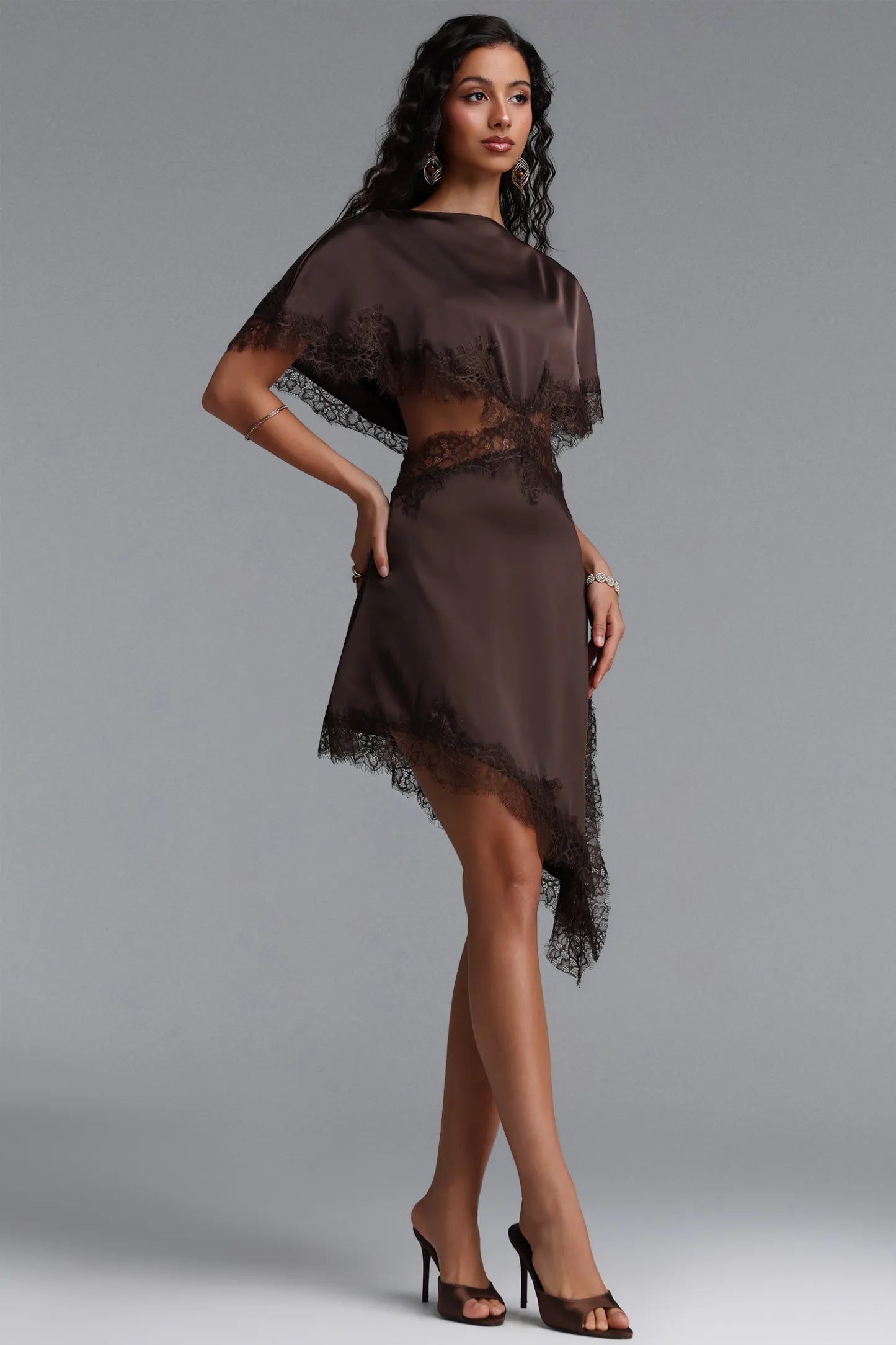 Lace-Trimmed Asymmetrical Cutout Dress - Chocolate Brown