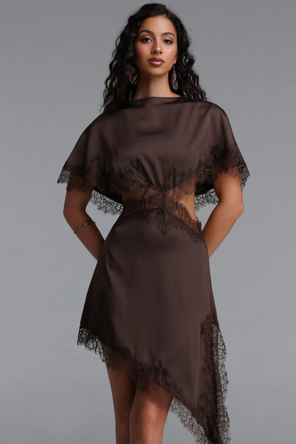Lace-Trimmed Asymmetrical Cutout Dress - Chocolate Brown