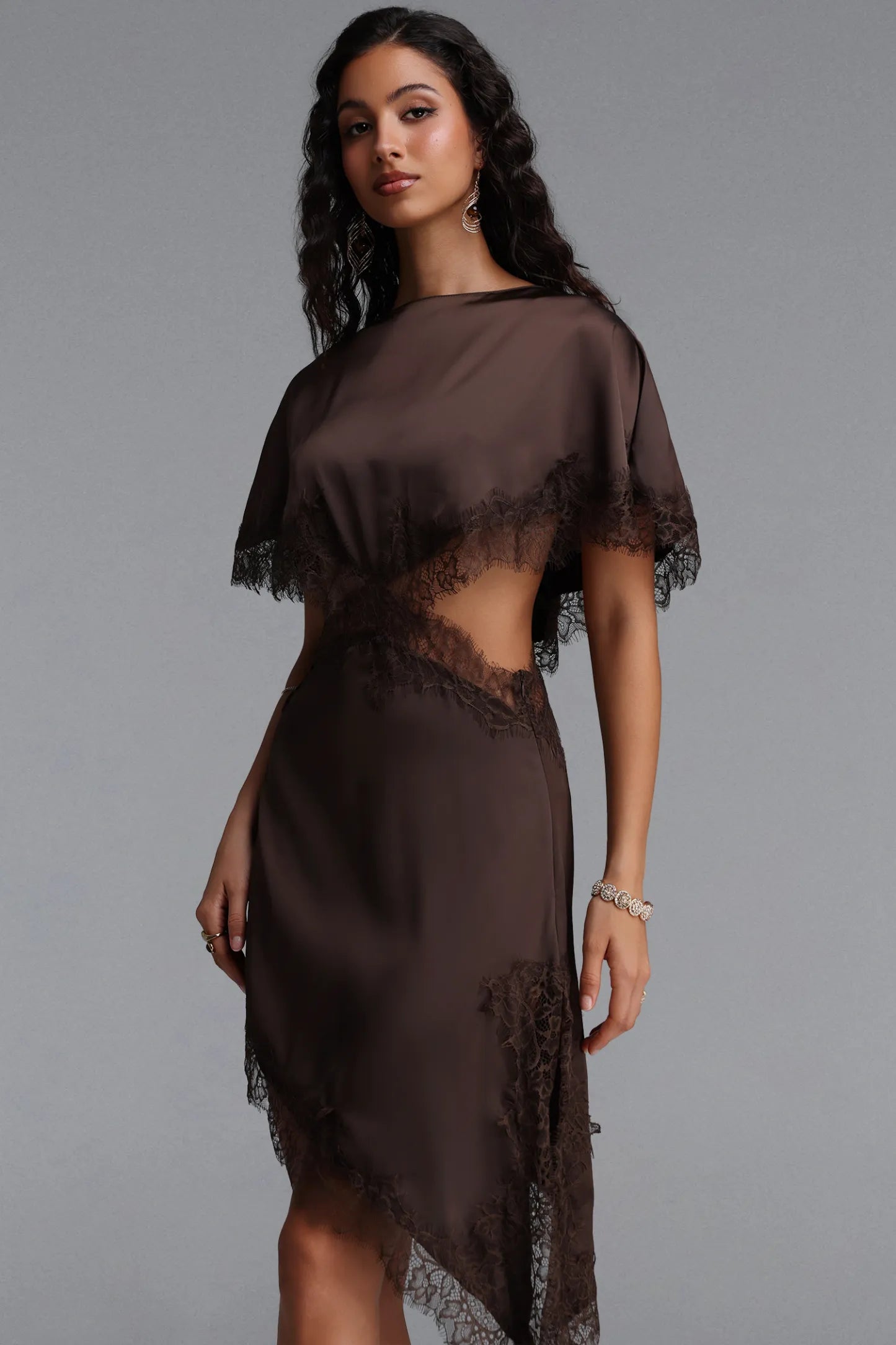 Lace-Trimmed Asymmetrical Cutout Dress - Chocolate Brown