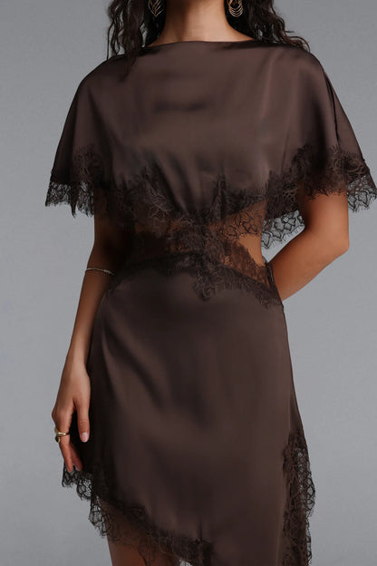 Lace-Trimmed Asymmetrical Cutout Dress - Chocolate Brown