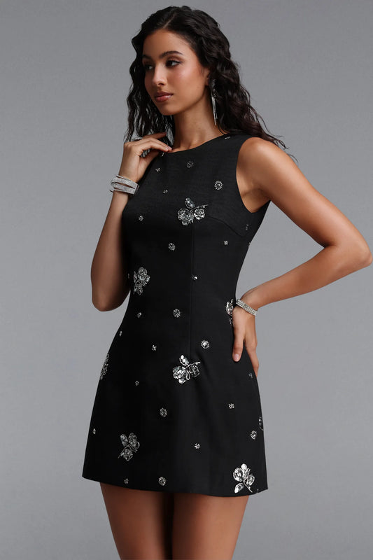 Crystal Butterfly Embellished Shift Mini Dress - Black